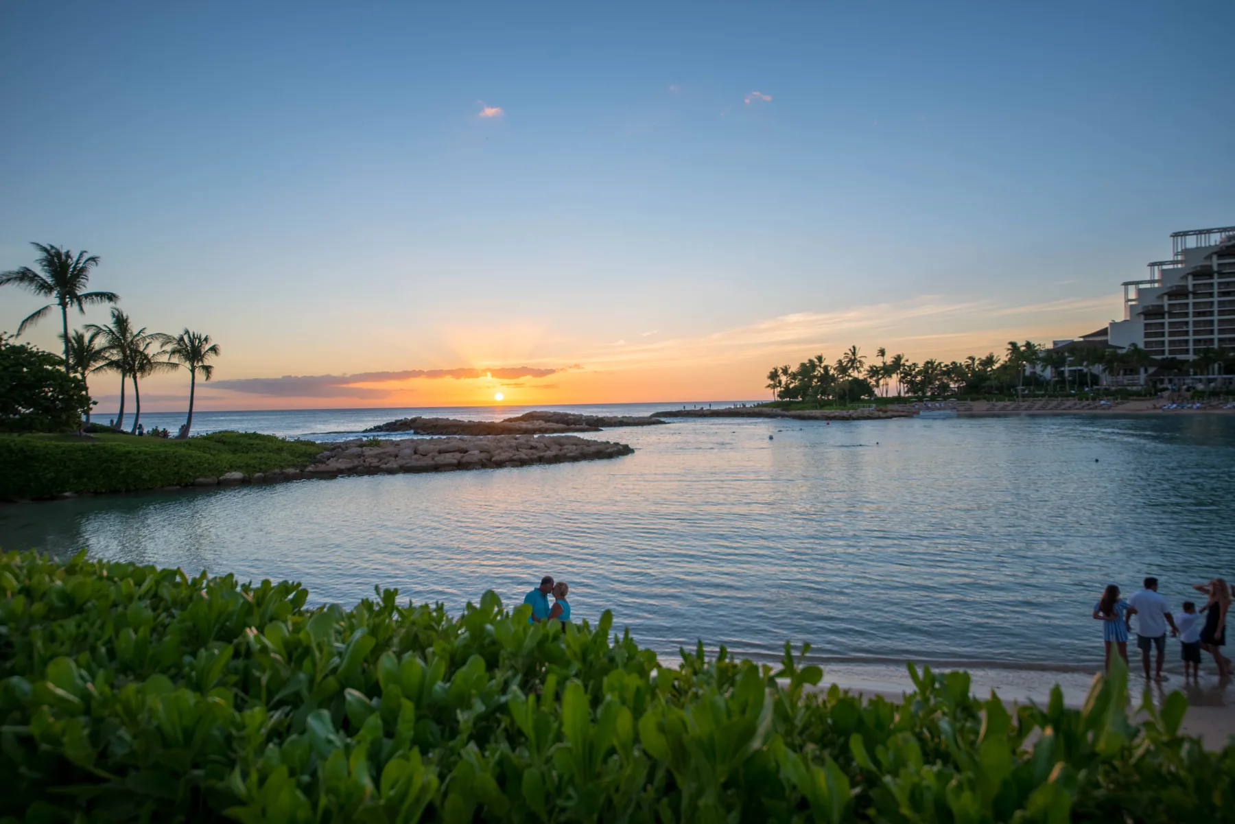 Una laguna costera al atardecer, con palmeras junto a la orilla.