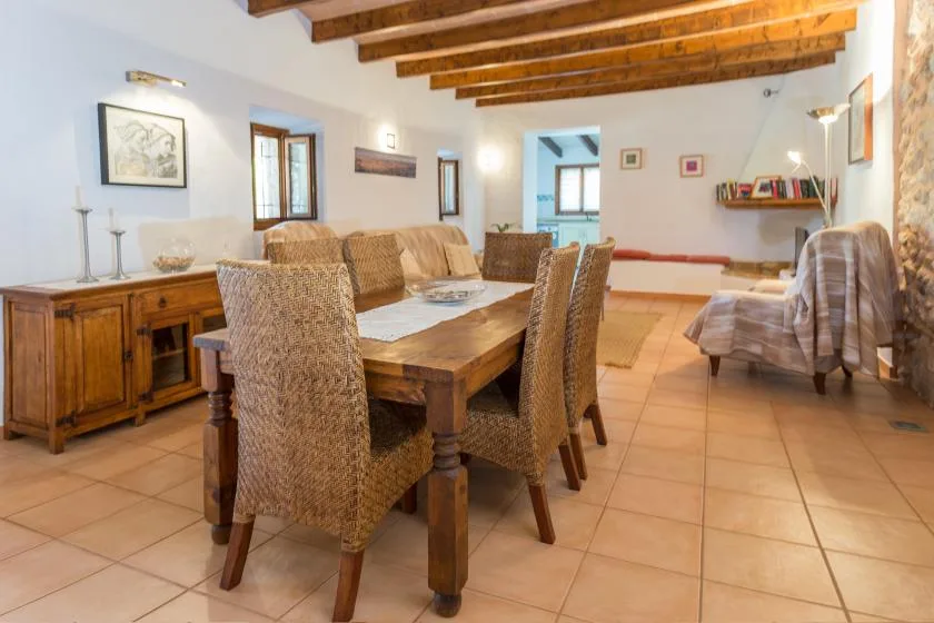 A dining and sitting room with a wooden table and woven seating.