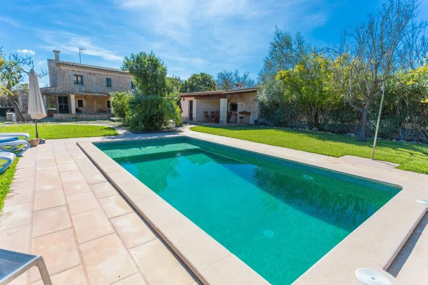 A swimming pool sits beside a paved patio, with a house and trees beyond.