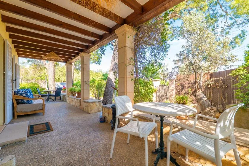 A covered patio with outdoor seating and a table among trees and shrubs.