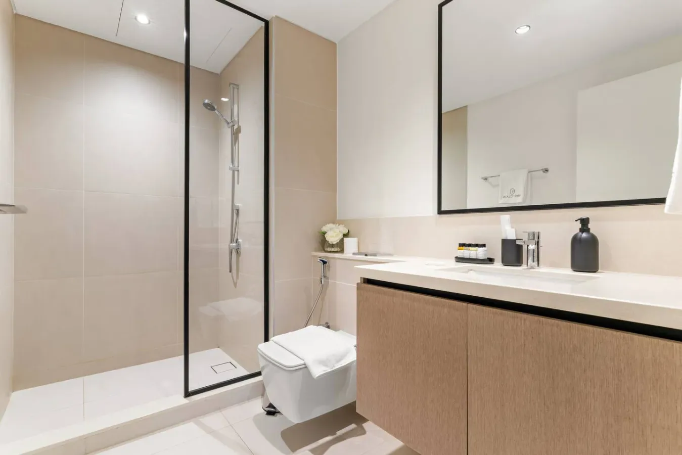 Un baño moderno con ducha de vidrio, inodoro y lavabo.
