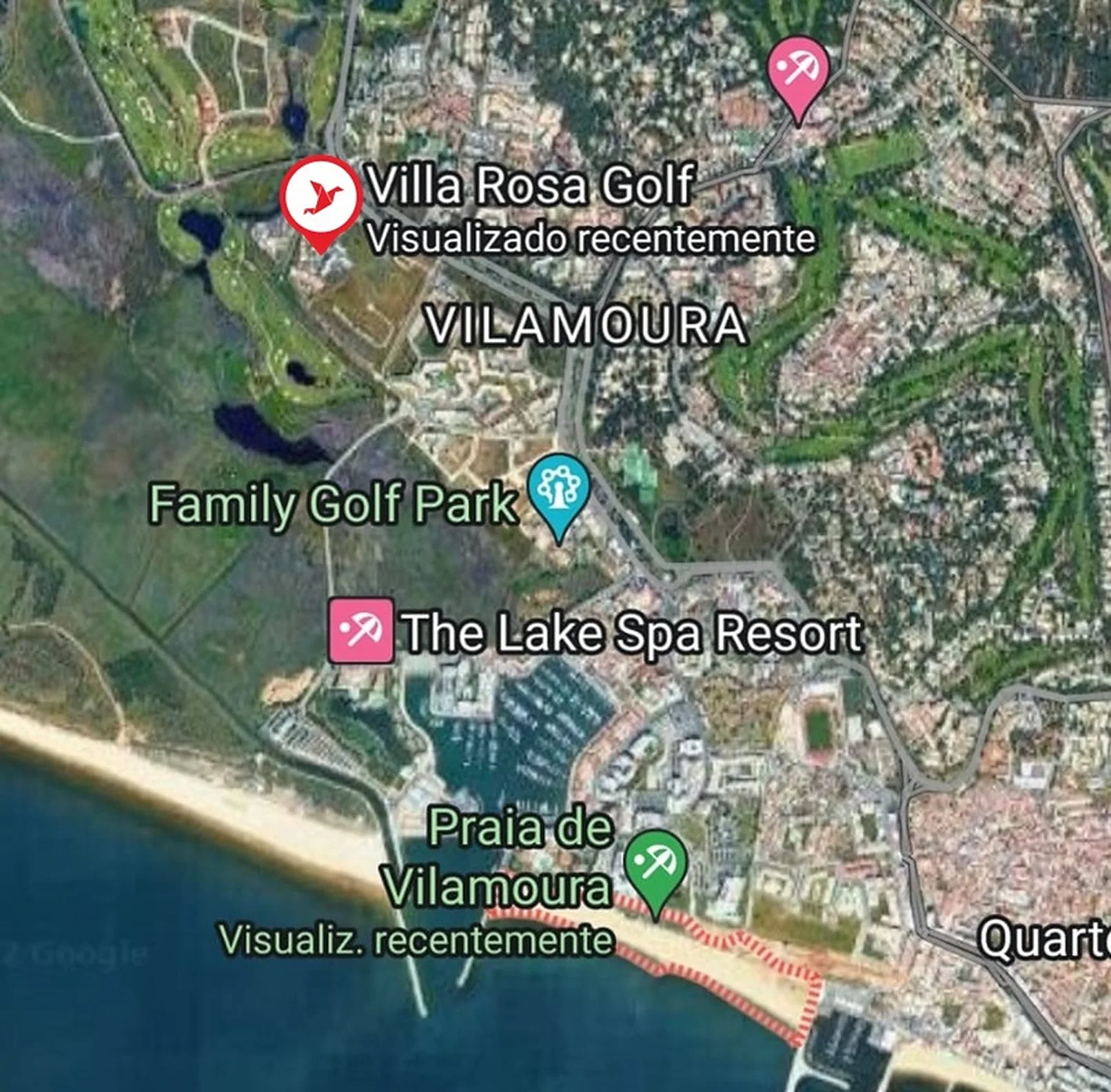 Un mapa muestra Vilamoura, campos de golf cercanos, el puerto deportivo y la costa.