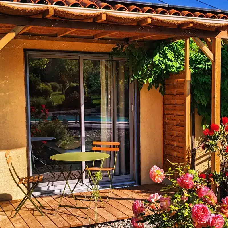 Private terrace for a guest room, facing the garden and pool