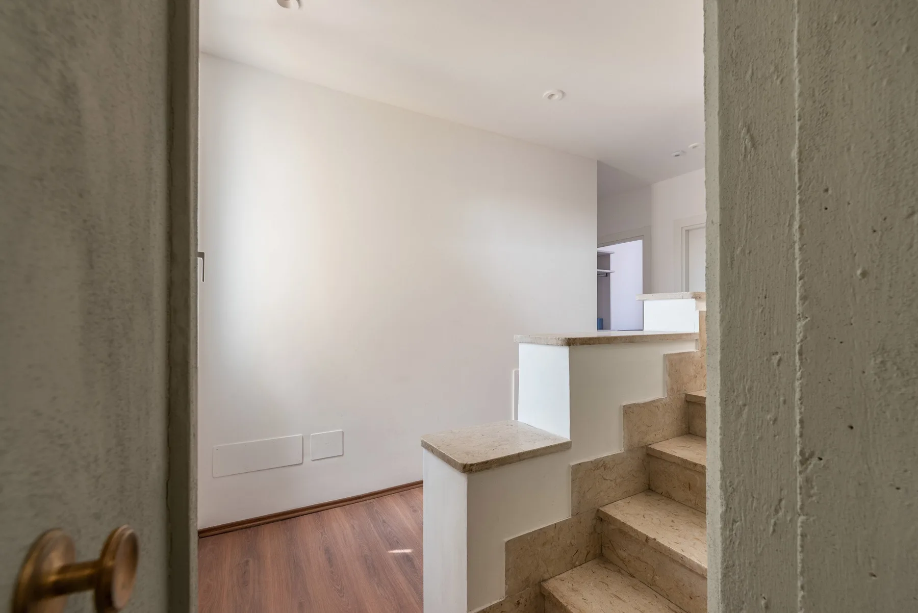 An interior hallway with a short staircase beside a wood-floored room.