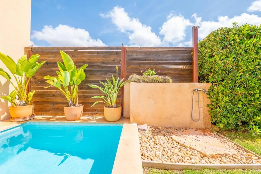 A small outdoor pool beside potted plants and a shower.