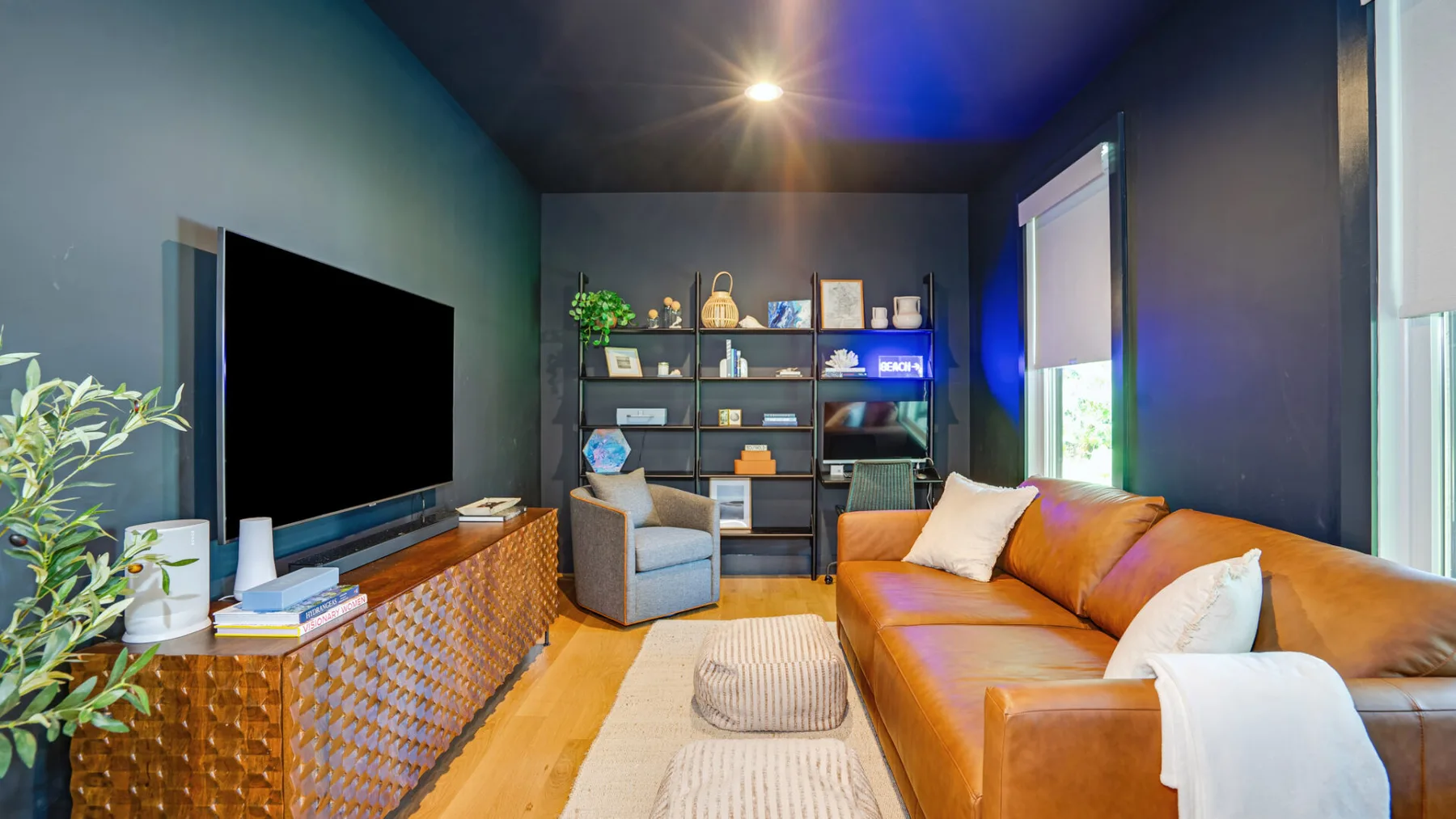 A living room with a television, shelving, and a leather sofa.