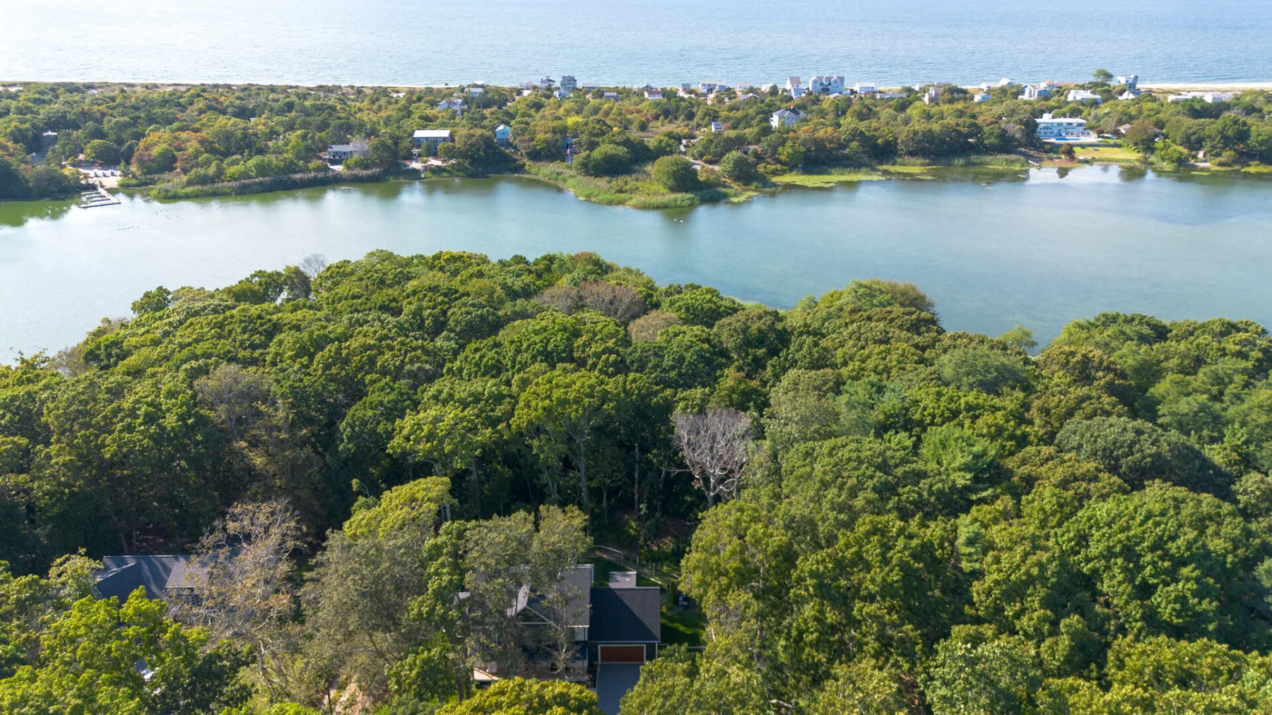 An aerial view of dense green woodland surrounding a calm lake.
