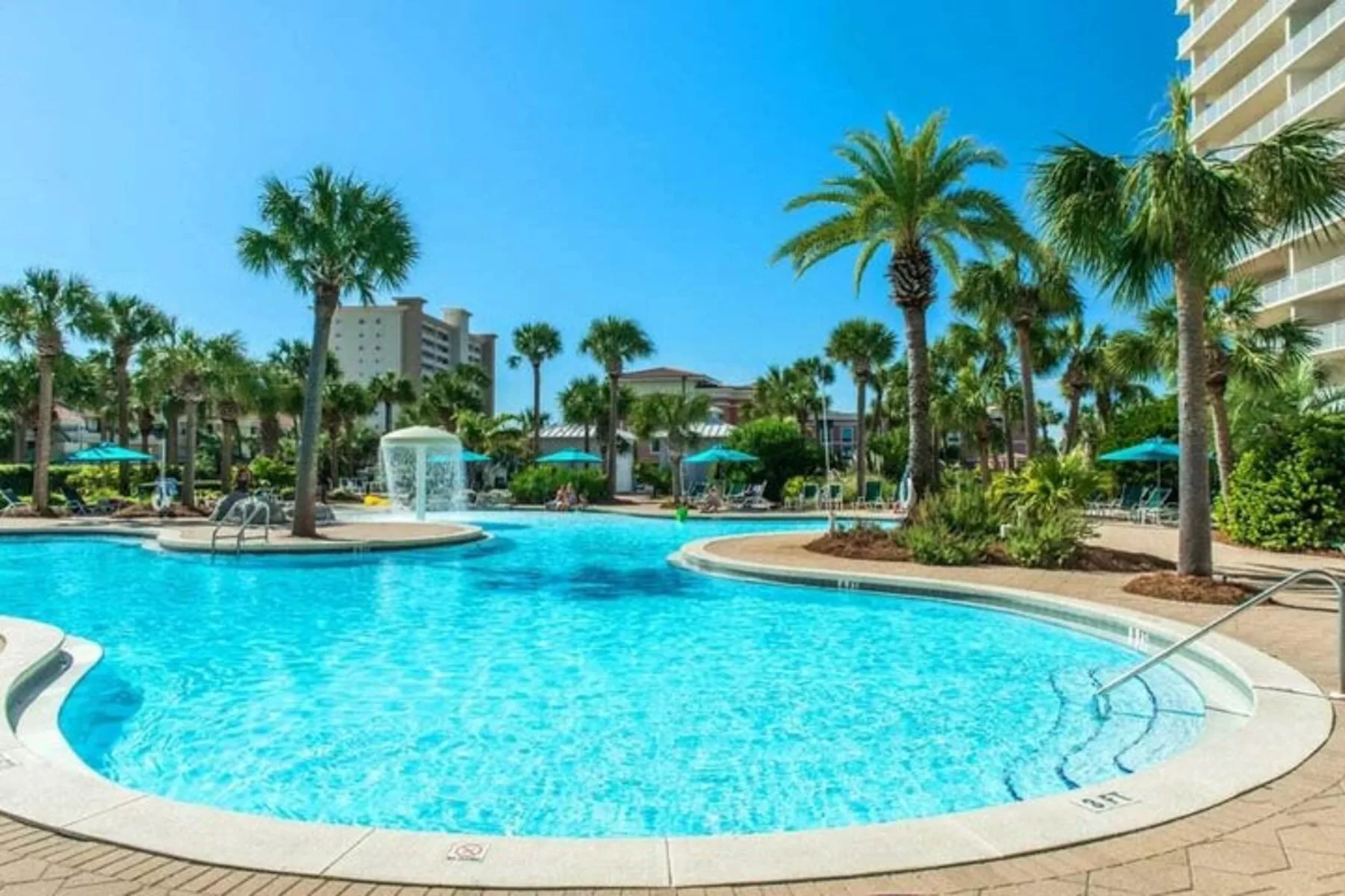 A swimming pool surrounded by palm trees and lounge areas.