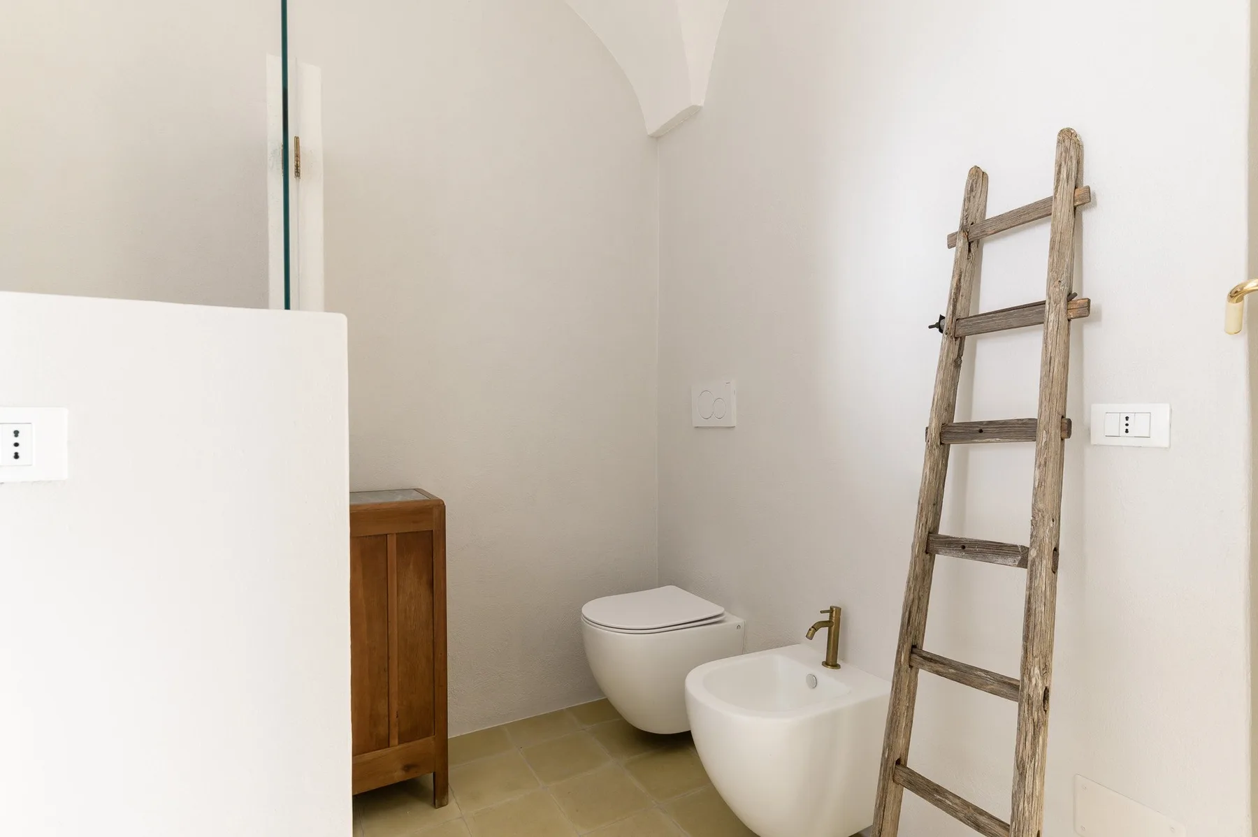 A bright bathroom with a toilet, bidet, and wooden ladder against the wall.