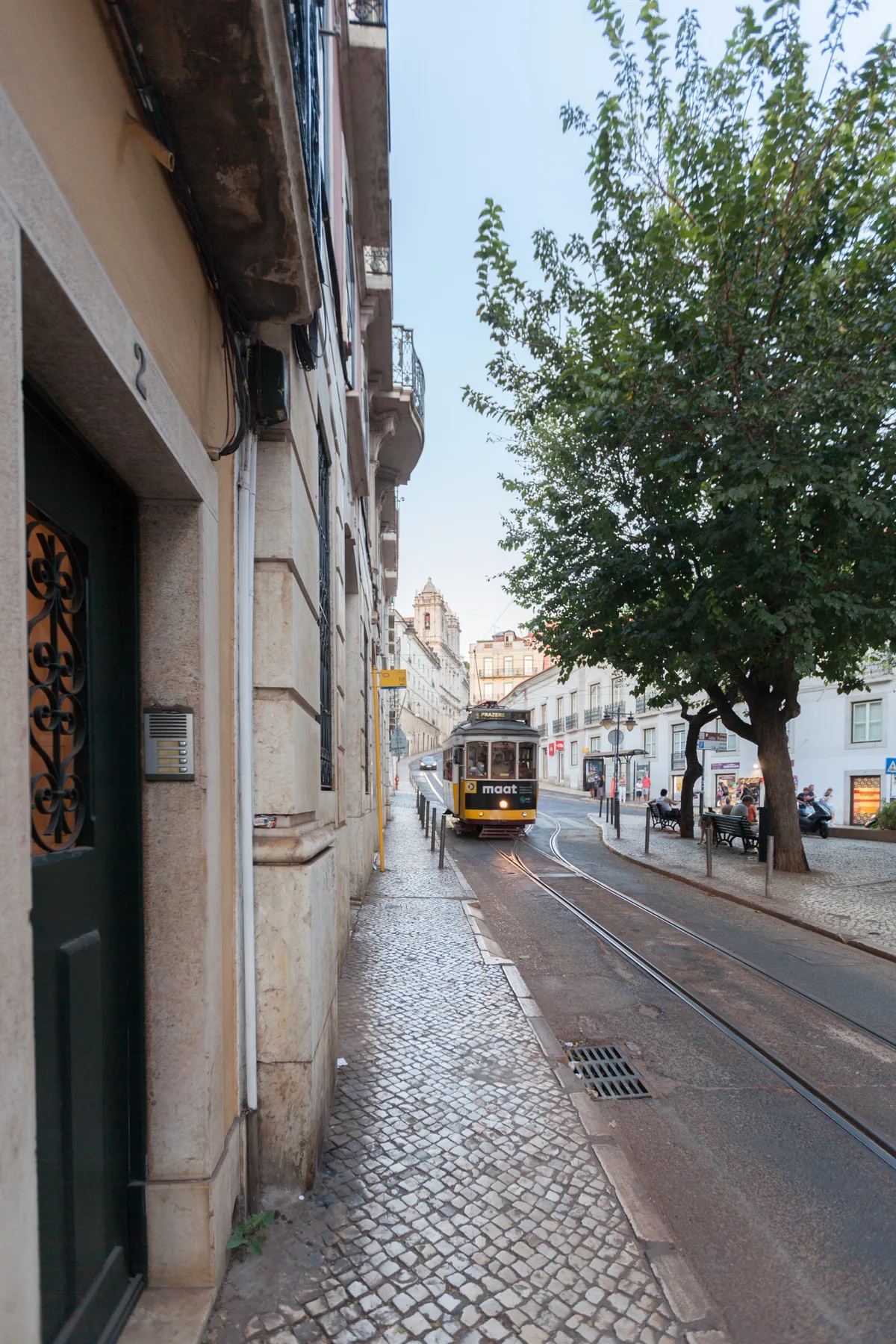 Una calle adoquinada con vías de tranvía, un tranvía y un árbol.