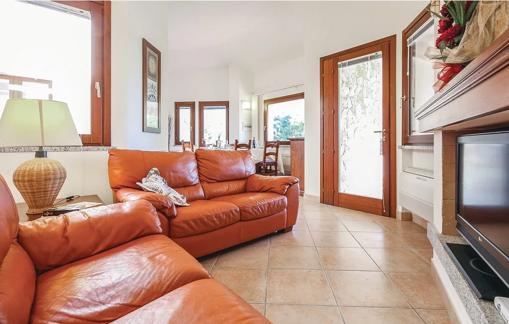 A bright living room with leather seating and a television.