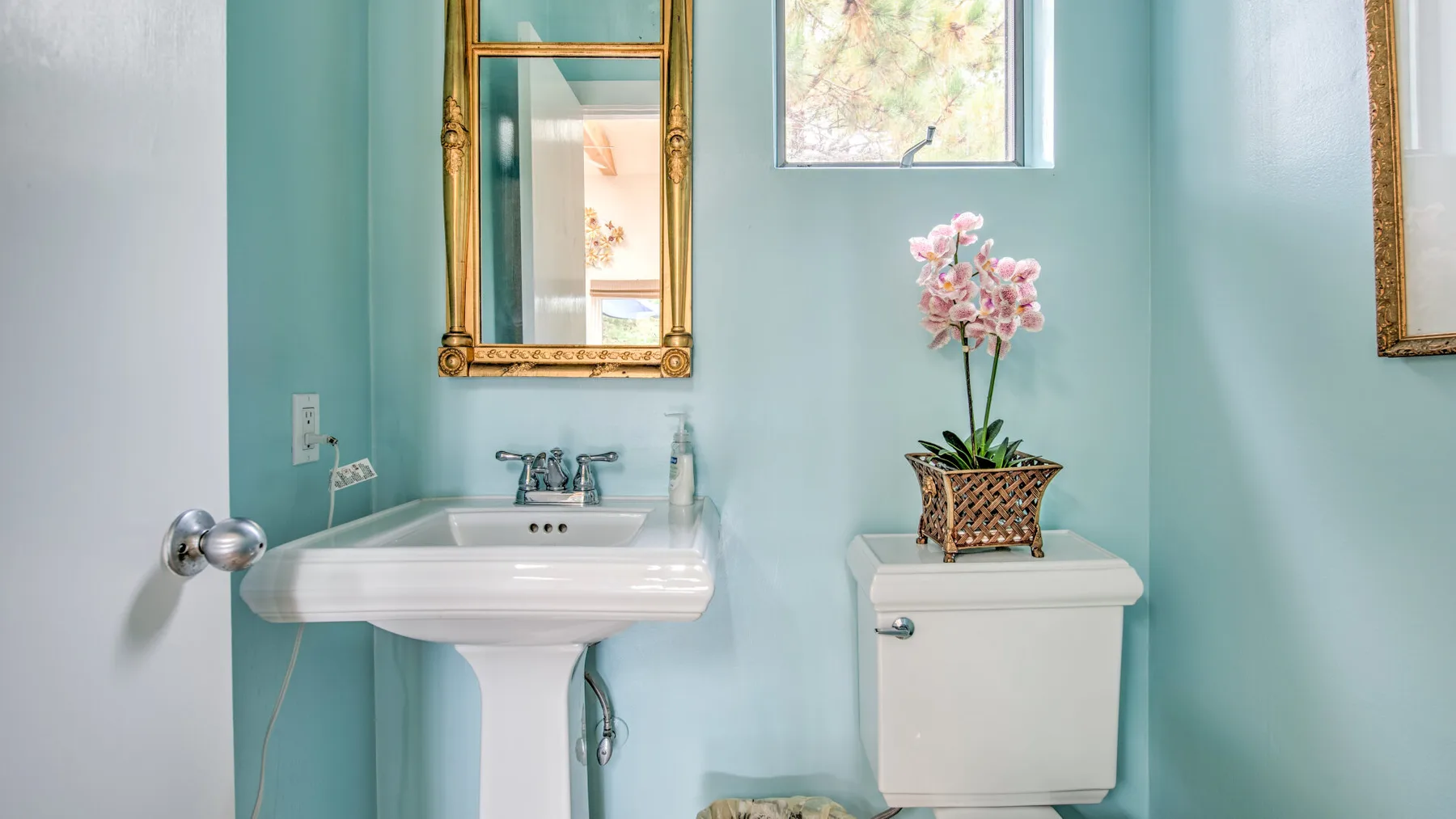 Un baño con lavabo de pedestal, inodoro y una planta con flores.