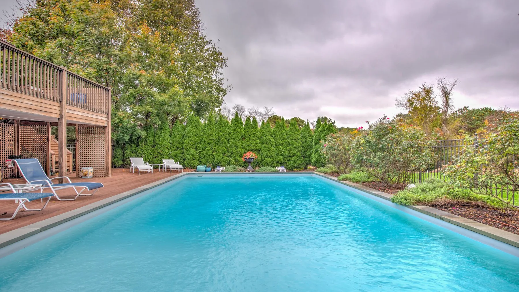 Una piscina al aire libre rodeada de vegetación y una terraza de madera.