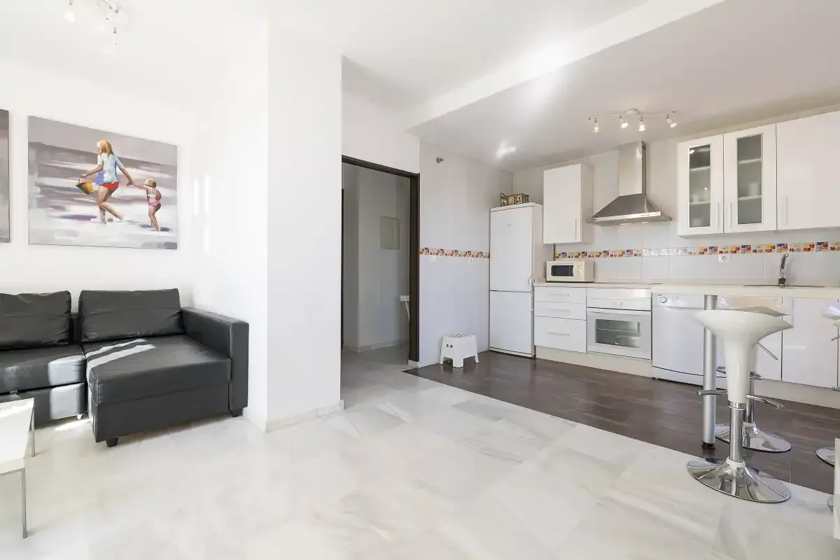 Open-plan living room and kitchen with a dark sofa and breakfast counter.