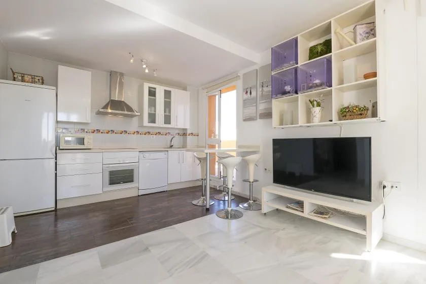 A bright open-plan kitchen and living area with a television and breakfast bar.
