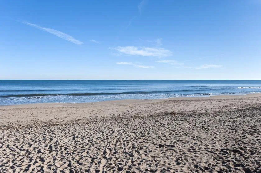 A sandy beach stretches along calm blue water beneath a clear sky.