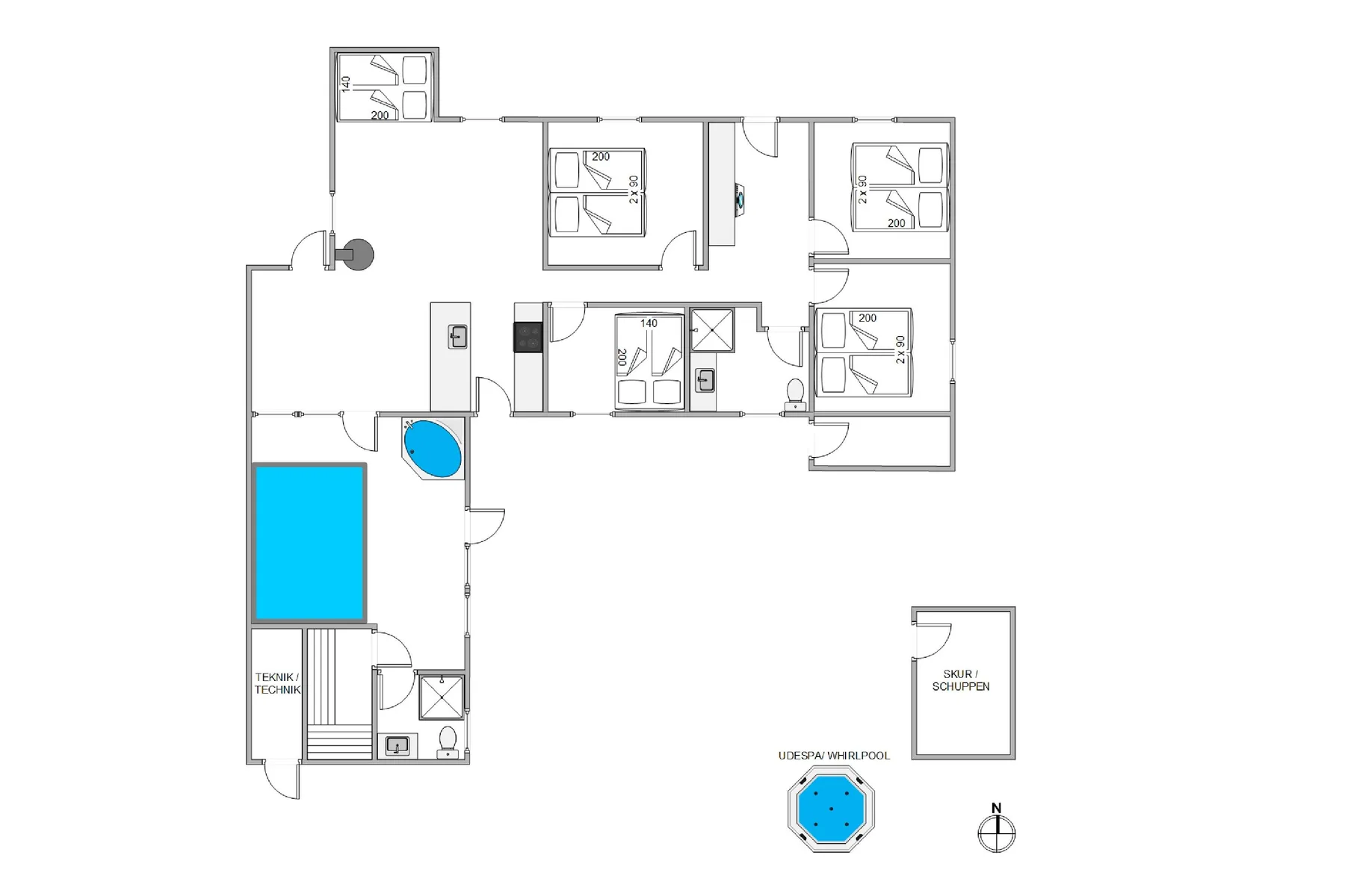 Un plano muestra dormitorios, baños y una zona central de estar.