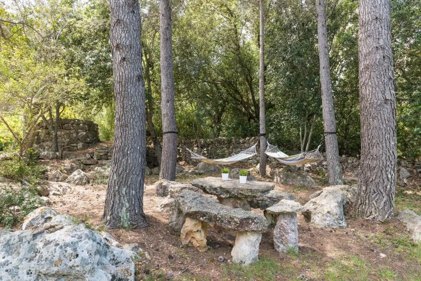 A wooded outdoor seating area with hammocks strung between trees.