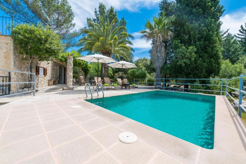 An outdoor swimming pool beside a paved patio with seating and trees.