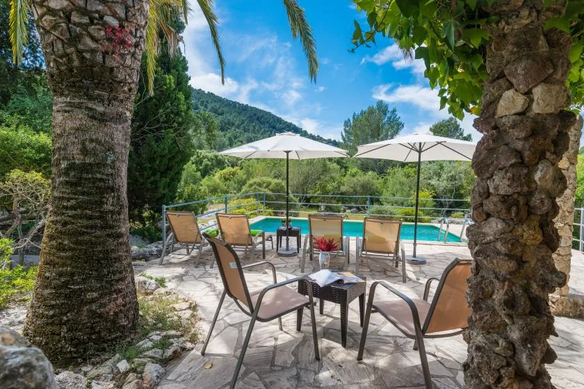 An outdoor poolside seating area with umbrellas and a wooded hillside beyond.