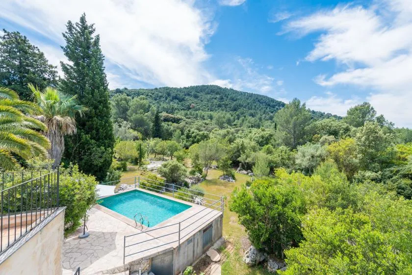 An outdoor swimming pool sits among lush greenery with wooded hills in the background.