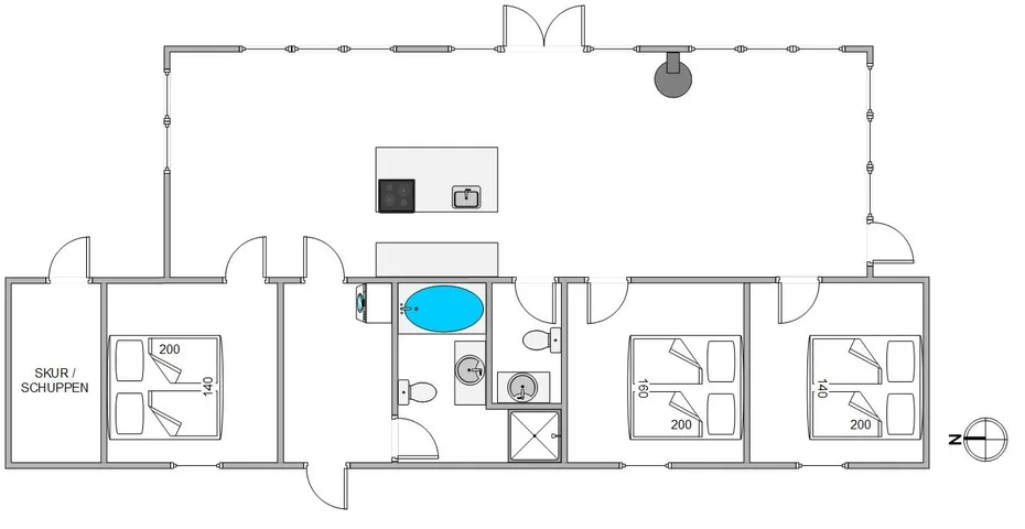 Un plano muestra varias habitaciones dispuestas a lo largo de un pasillo central.