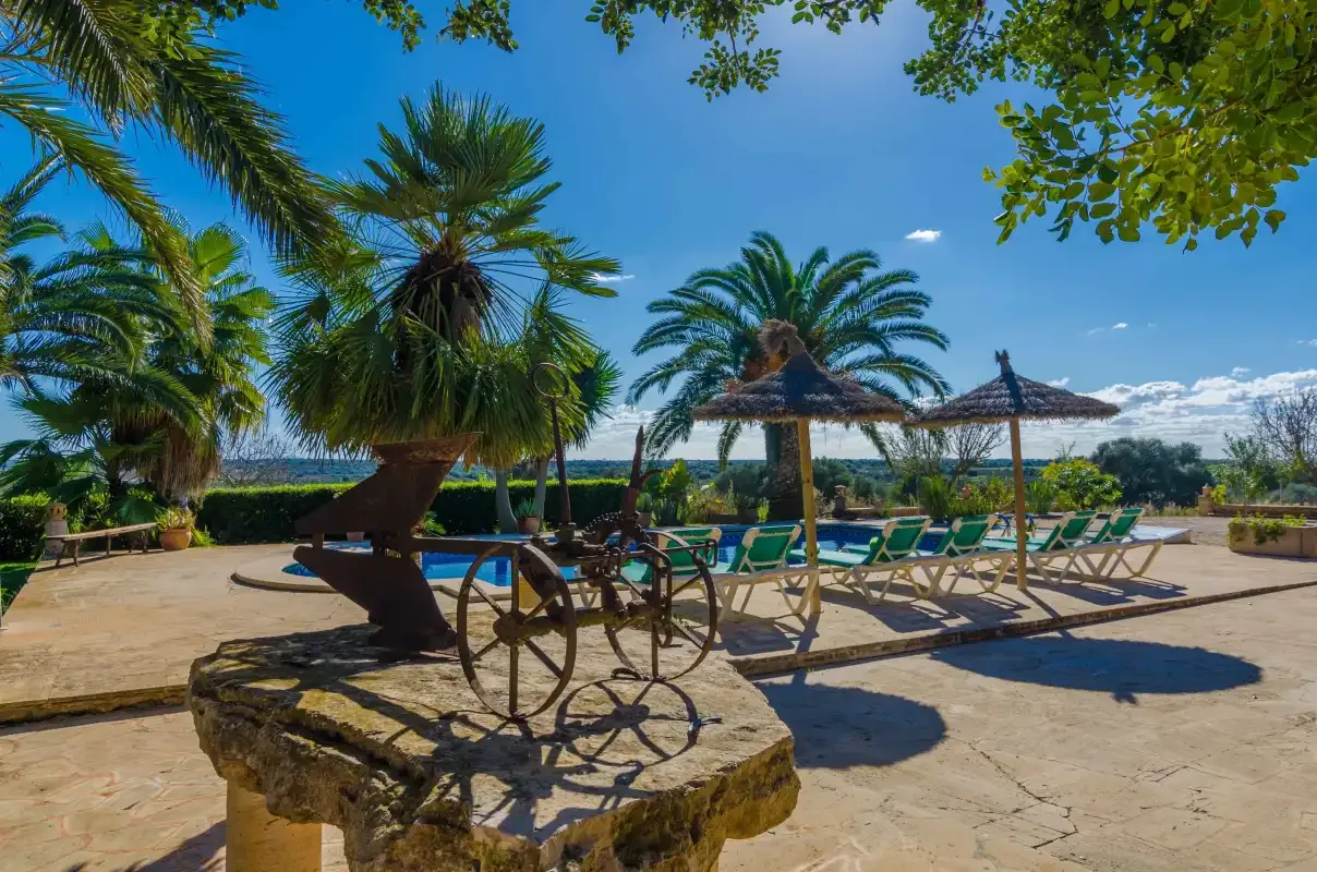 A sunny poolside patio has rows of lounge chairs beneath thatched parasols.