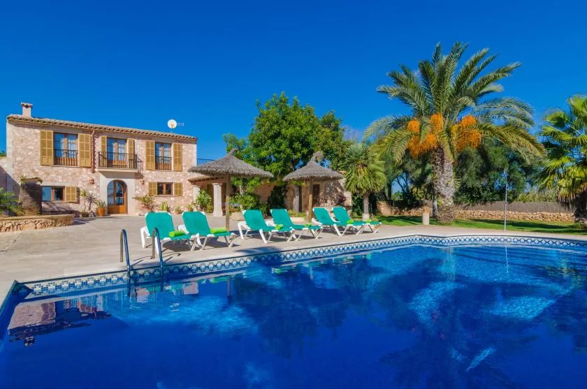 A swimming pool beside a stone house, with lounge seating and palm trees.
