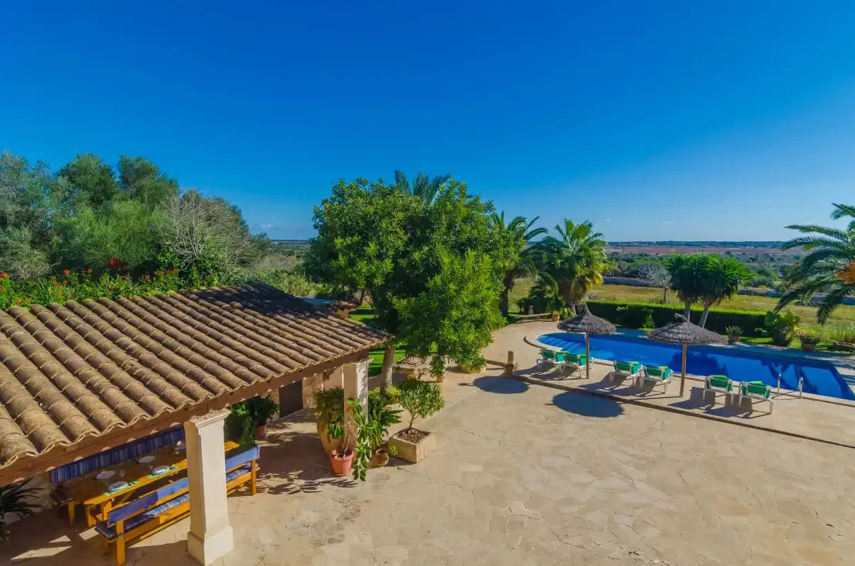 A sunny outdoor patio overlooks a swimming pool and surrounding greenery.