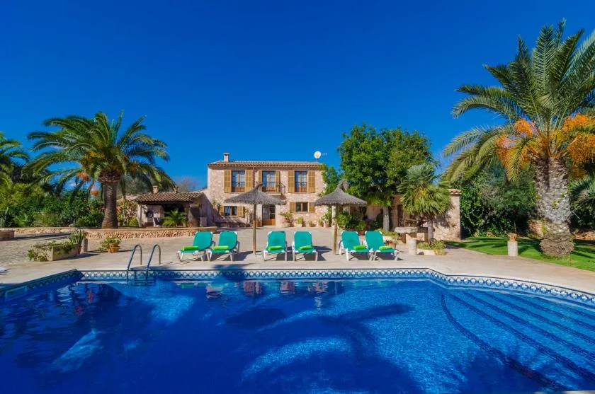 Una piscina está frente a una casa, con asientos de descanso y palmeras cerca.
