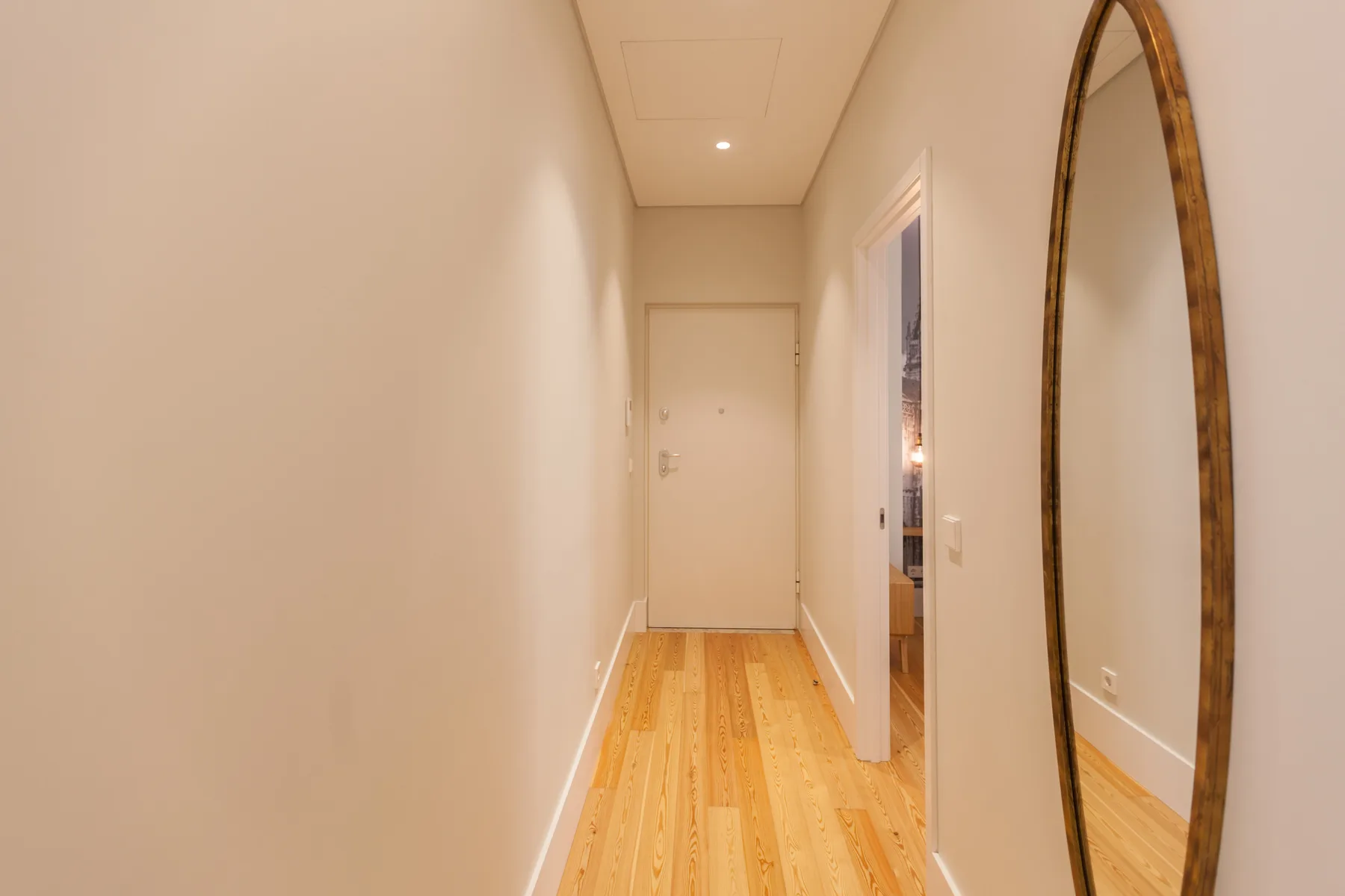 A narrow hallway with wooden flooring leads to a closed door.