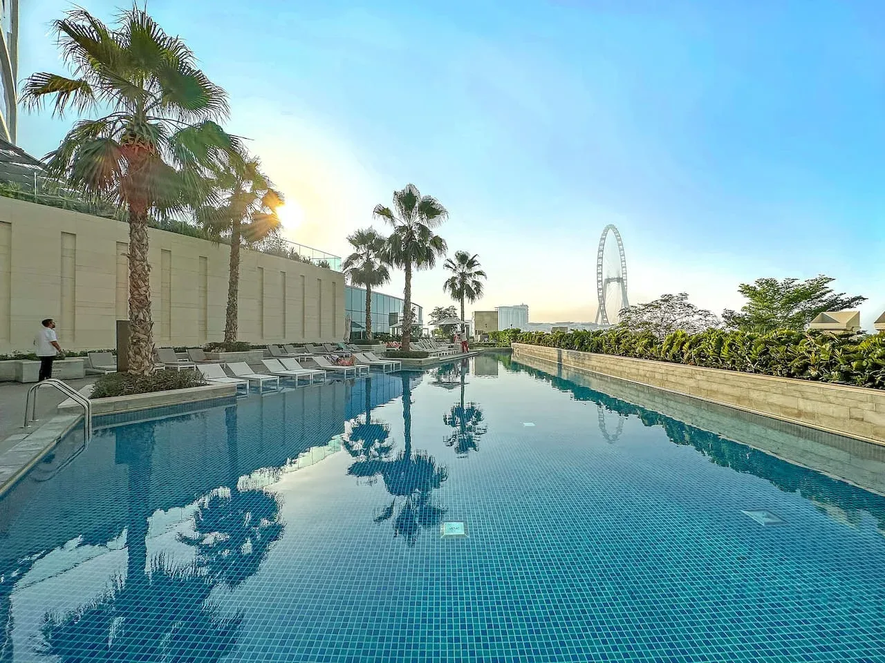 Una piscina al aire libre con asientos, palmeras y una noria a lo lejos.