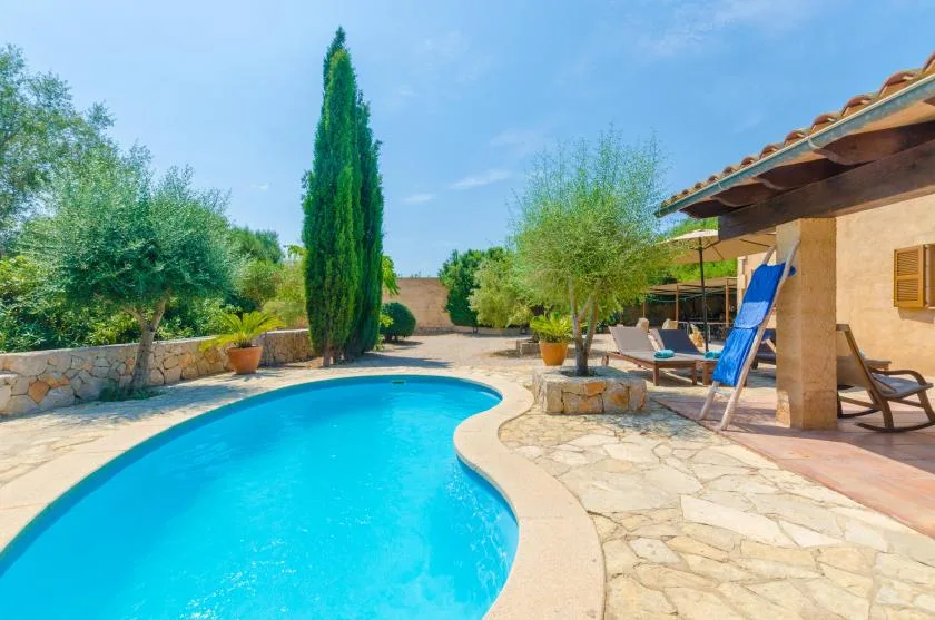 An outdoor swimming pool beside a stone patio and shaded seating.