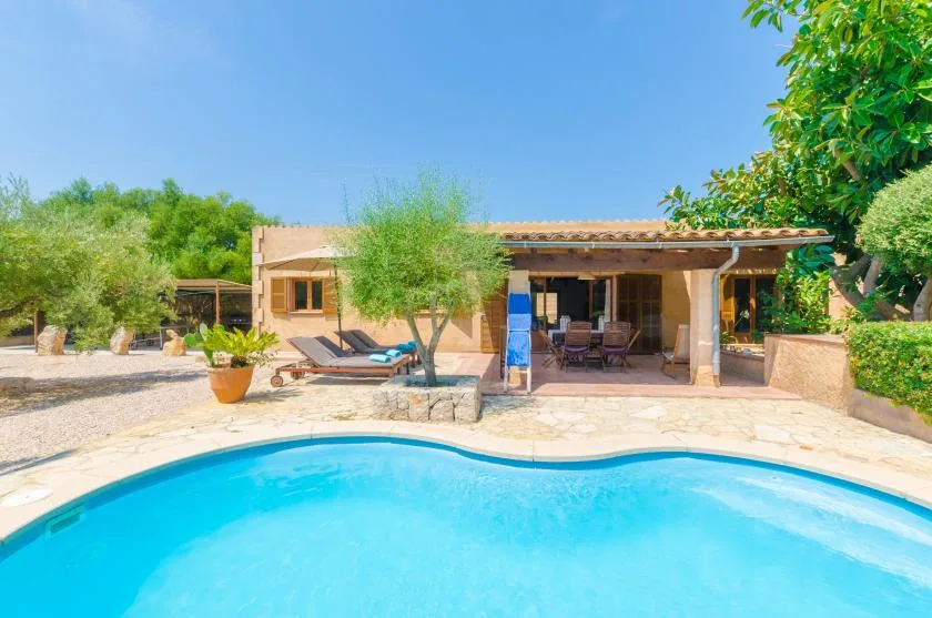 An outdoor swimming pool sits in front of a shaded patio and low building.