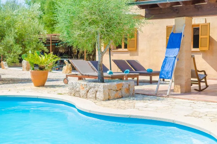A swimming pool beside a stone patio with lounge seating and leafy trees.