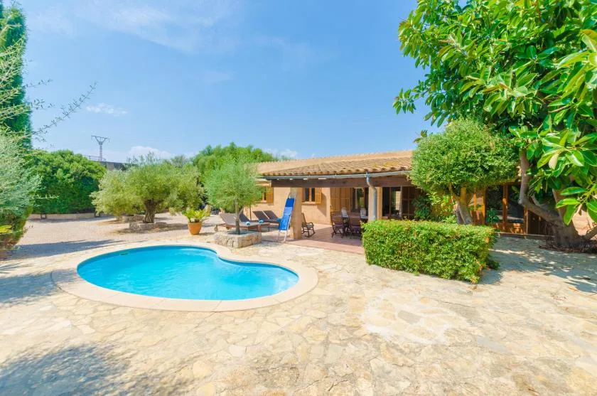 An outdoor pool beside a paved patio and a shaded seating area.