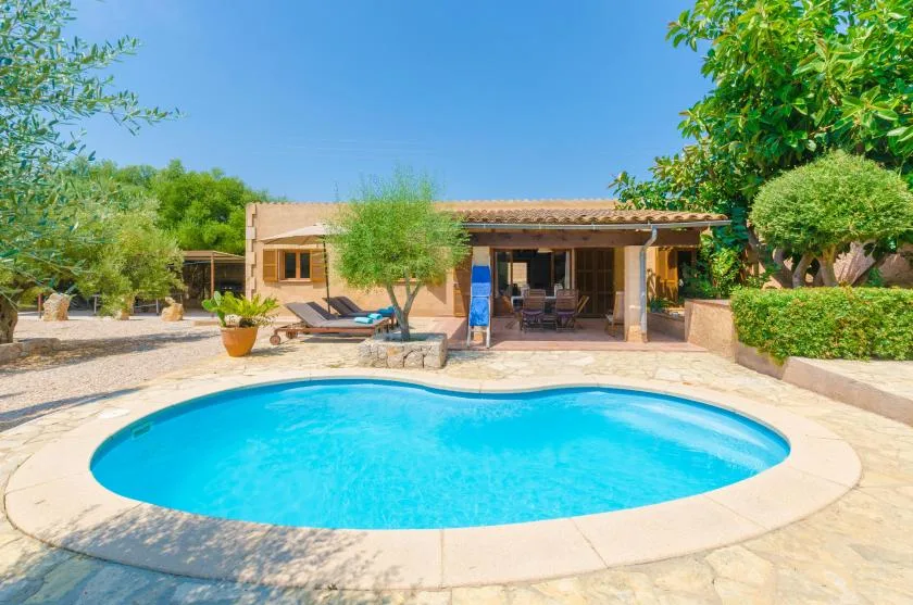 A swimming pool sits in front of a single-story house and shaded patio.