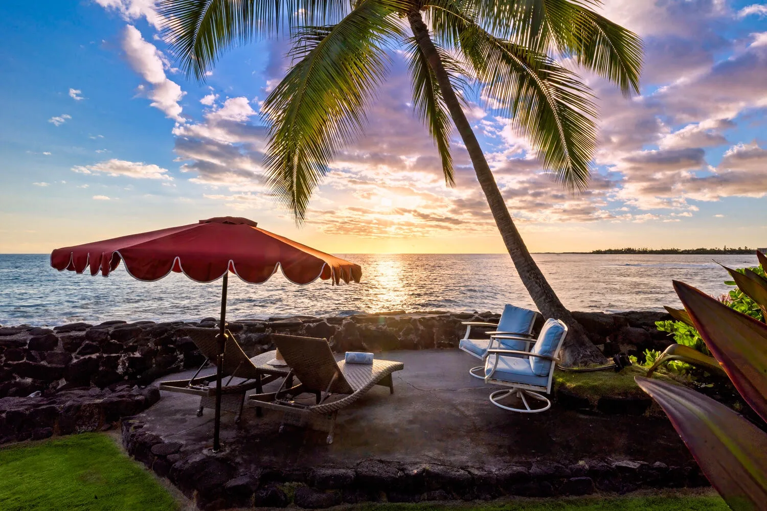 Un patio junto al mar mira hacia el agua al atardecer, con una palmera y asientos a la sombra.
