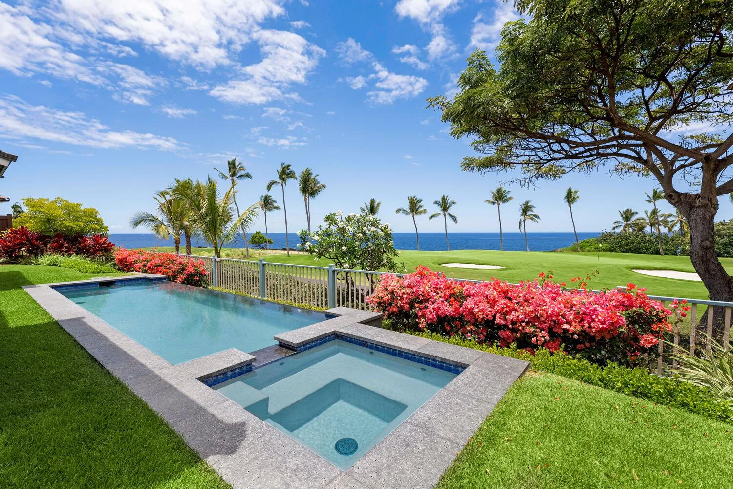 A swimming pool and spa sit beside a landscaped lawn overlooking the ocean.