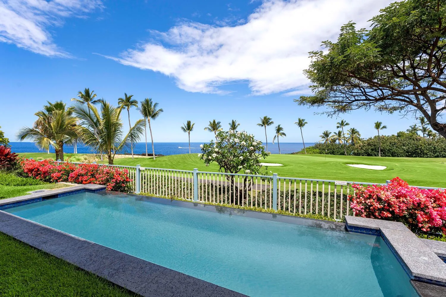 An outdoor swimming pool overlooks a green lawn and the ocean.
