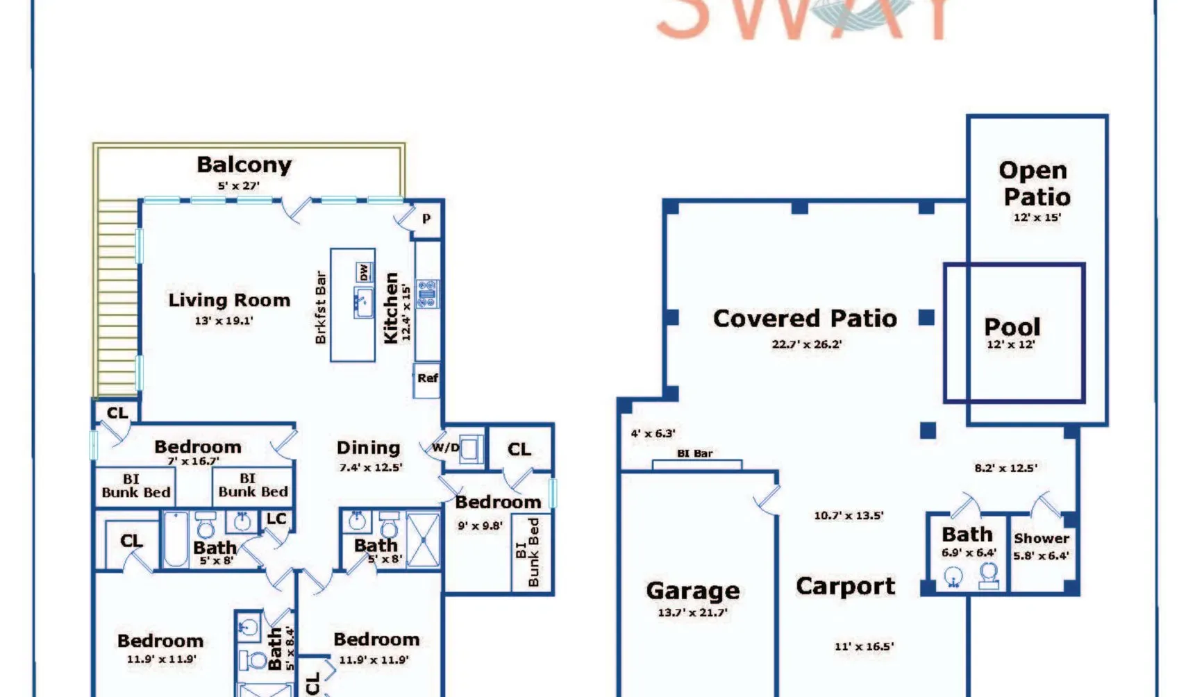 A floor plan shows living and bedroom areas beside patios, a pool, and parking.