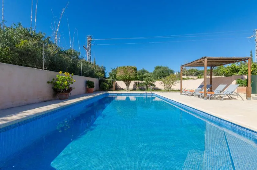 Una piscina al aire libre está junto a una terraza pavimentada con tumbonas bajo una pérgola.