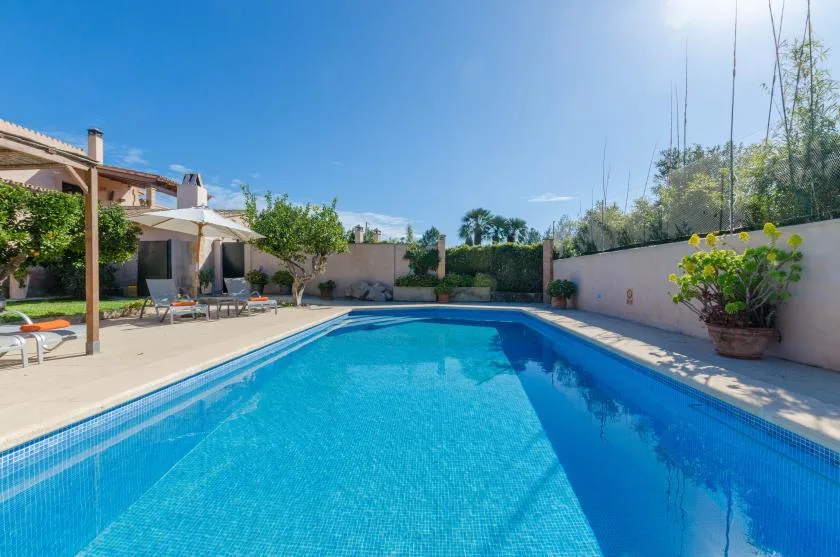 Una piscina al aire libre junto a un patio pavimentado y un jardín.