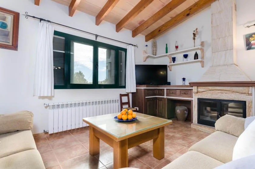 Una sala de estar con una mesa de centro, televisor y chimenea.