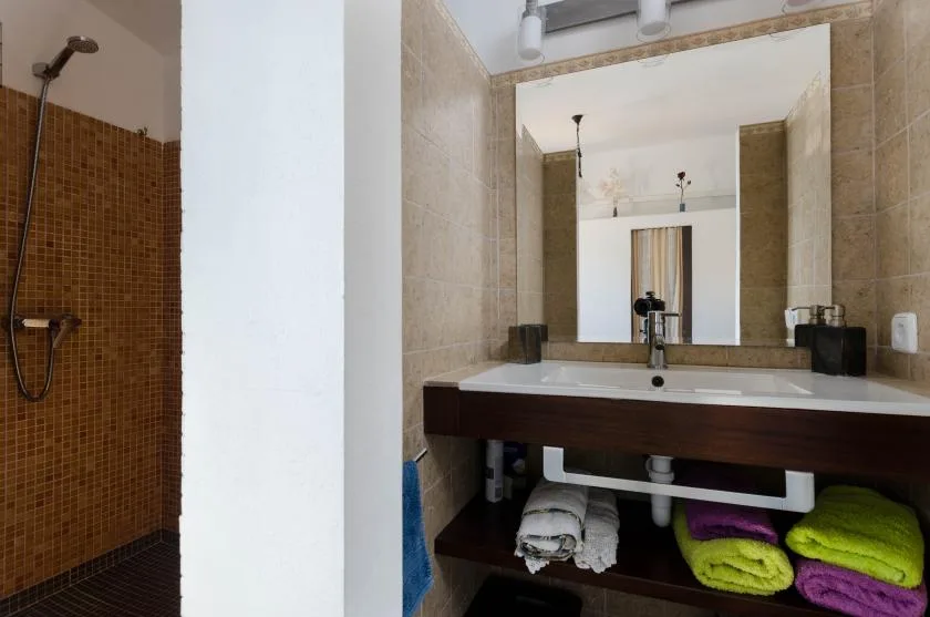 Un tocador de baño con un espejo grande y una zona de ducha al lado.