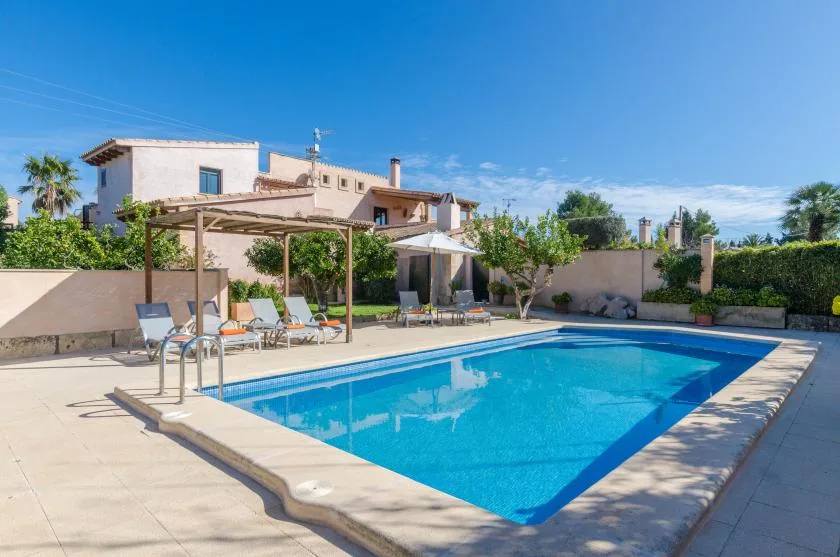 An outdoor swimming pool beside a paved patio and pergola.