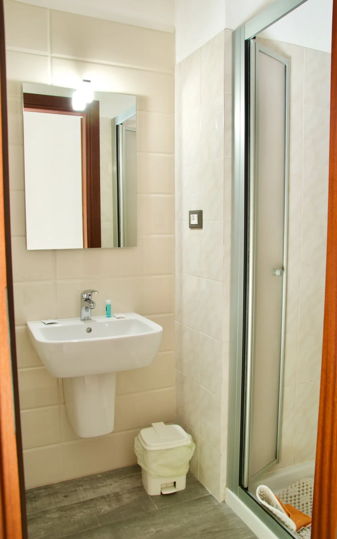 Baño con lavabo, espejo y ducha.