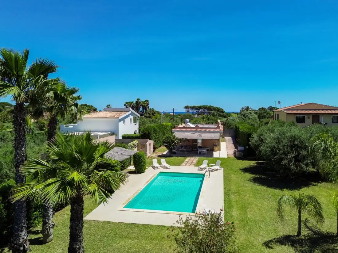Una piscina y un jardín con césped están rodeados de casas y palmeras.