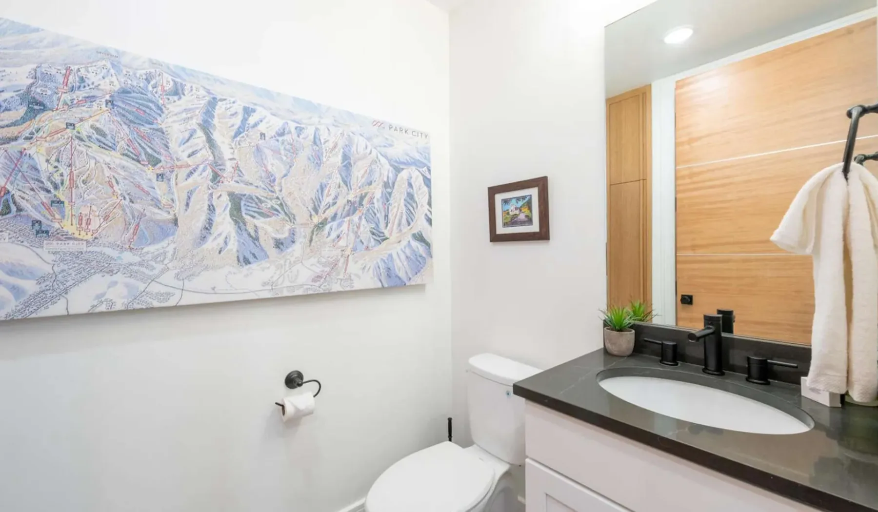 Un baño con un mapa grande en la pared y un lavabo junto a una puerta de madera.
