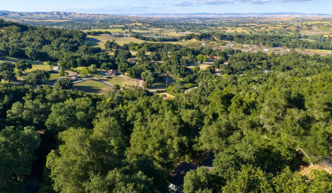 Vista aérea de un paisaje rural verde con colinas arboladas y campos.